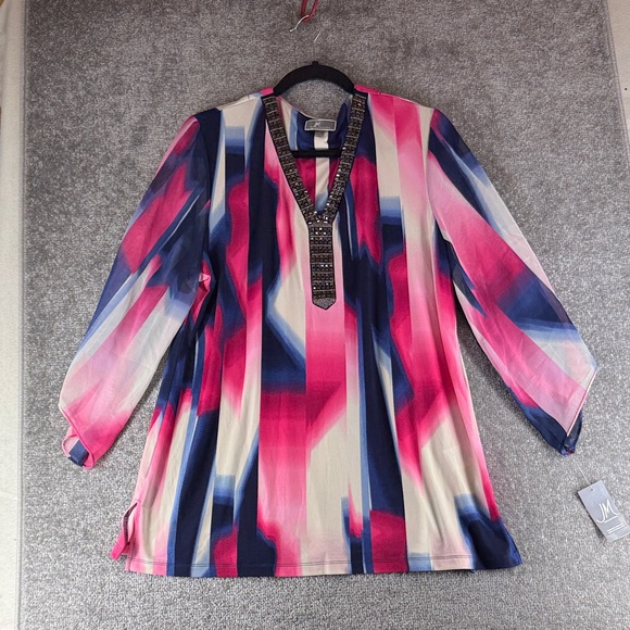 JM Collection Tops - NWT JM Collection 3/4 Long Flutter Bell Sleeve Pink Blue Shirt Blouse Womens L